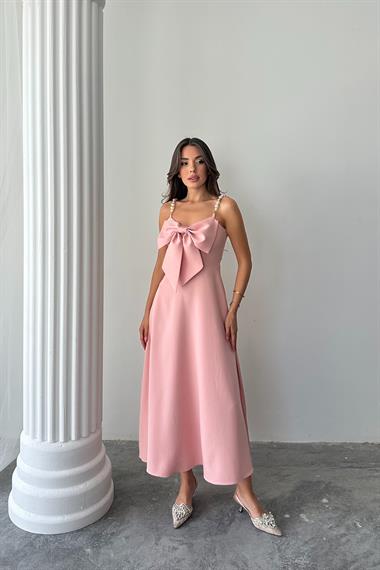 Toptan Pembe İnci Askı Detaylı Elbise