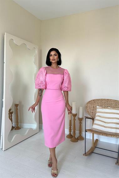 Toptan Pembe İncili Tül Detay Elbise