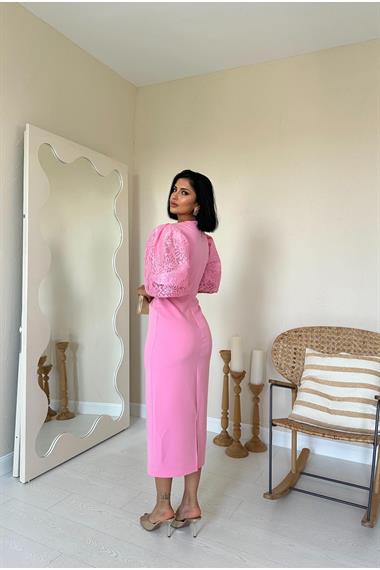 Toptan Pembe İncili Tül Detay Elbise