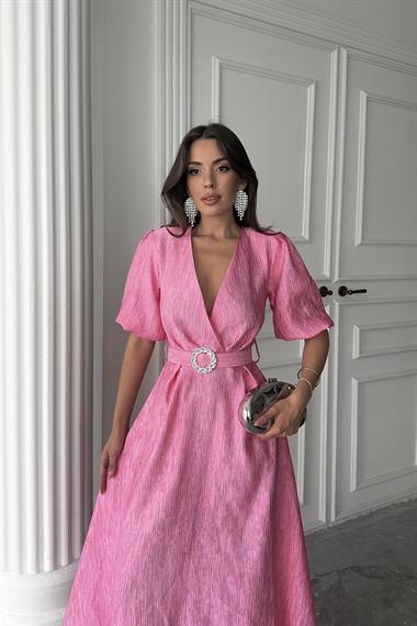 Toptan Pembe Işıltılı Kemerli Kruvaze Elbise