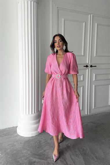 Toptan Pembe Işıltılı Kemerli Kruvaze Elbise