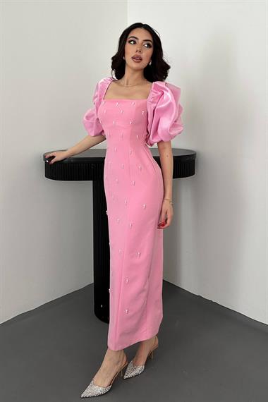 Toptan Pembe İşlemeli Kolu Garnili Elbise