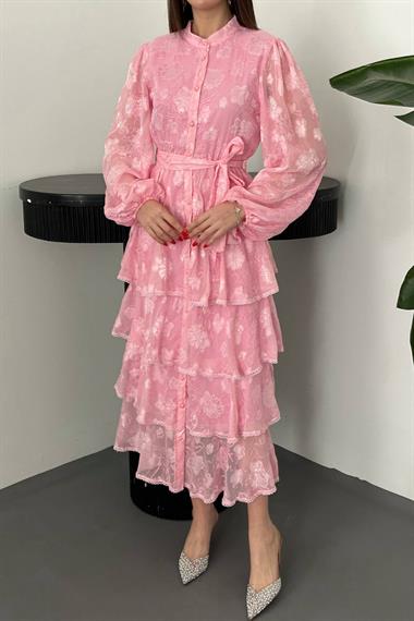 Toptan Pembe Kat Kat Volanlı Elbise