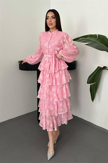 Toptan Pembe Kat Kat Volanlı Elbise