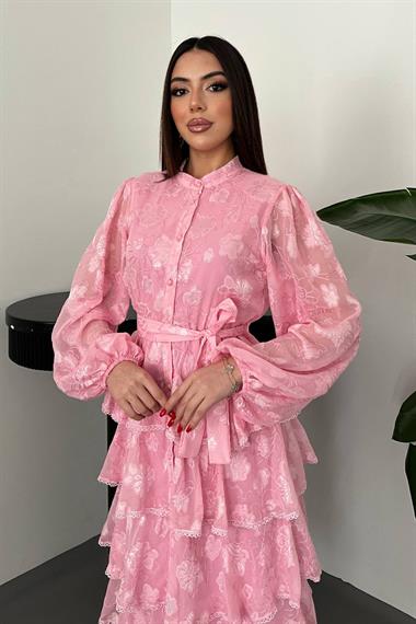 Toptan Pembe Kat Kat Volanlı Elbise