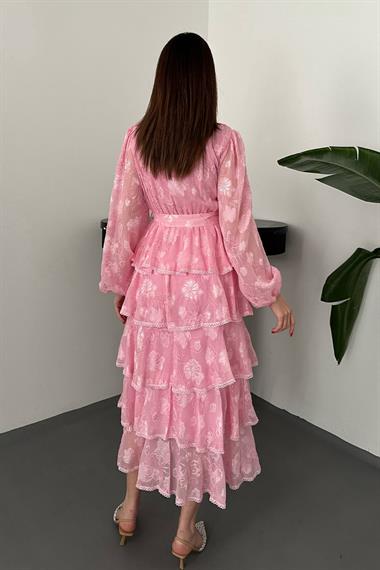 Toptan Pembe Kat Kat Volanlı Elbise