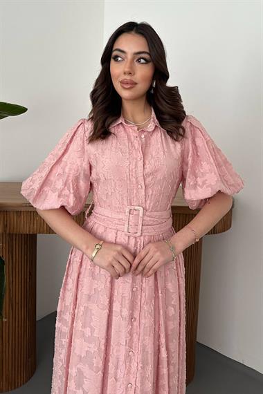 Toptan Pembe Kemerli Balon Kollu Elbise