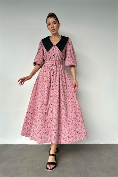 Toptan Pembe Kemerli Önlük Yaka Elbise