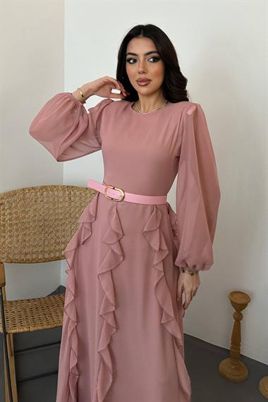 Toptan Pembe Kemerli Şifon Elbise