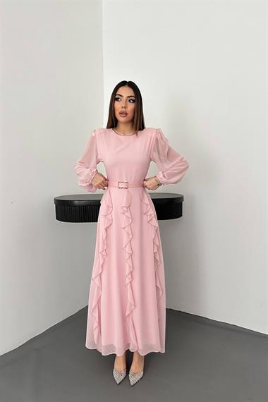 Toptan Pembe Kemerli Şifon Elbise