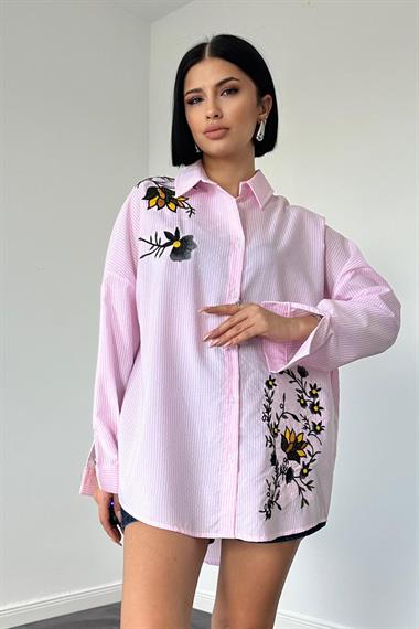 Toptan Pembe Klasik Bedensiz Çizgili Poplin Nakışlı Gömlek