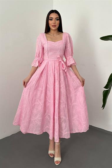 Toptan Pembe Kolu Lastikli Brode Elbise