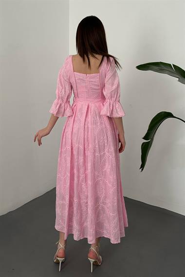 Toptan Pembe Kolu Lastikli Brode Elbise