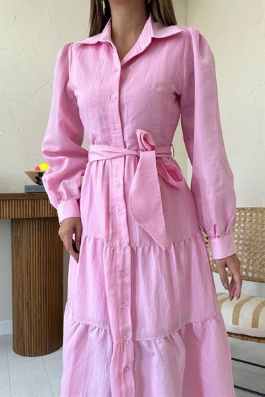 Toptan Pembe Kuşaklı Çizgi Desenli Elbise
