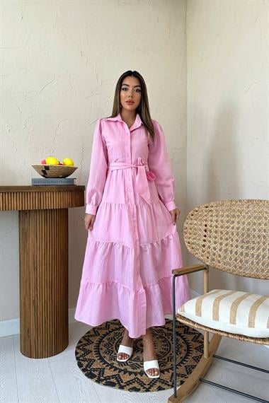 Toptan Pembe Kuşaklı Çizgi Desenli Elbise