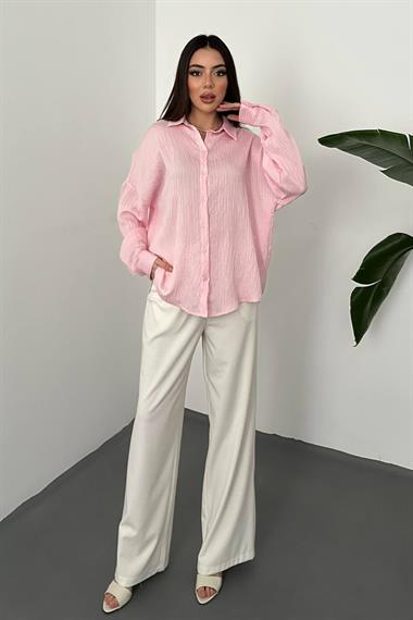 Toptan Pembe Nakışlı Oversize Gömlek