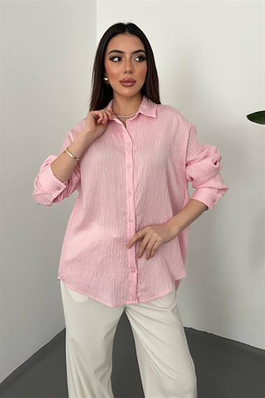 Toptan Pembe Nakışlı Oversize Gömlek