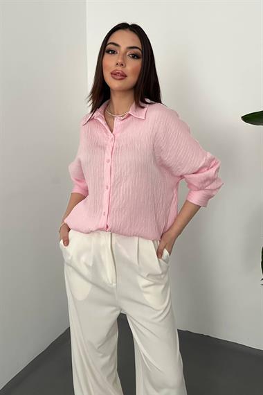 Toptan Pembe Nakışlı Oversize Gömlek