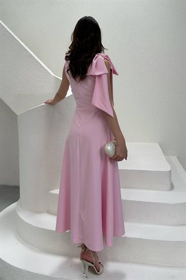 Toptan Pembe Omuz Fiyonklu Elbise