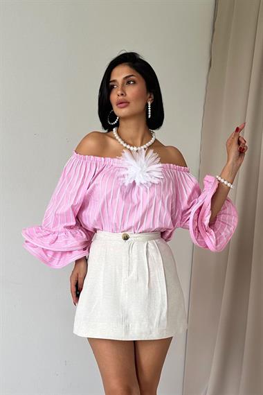 Toptan Pembe Omzu Lastikli Balenli Bluz