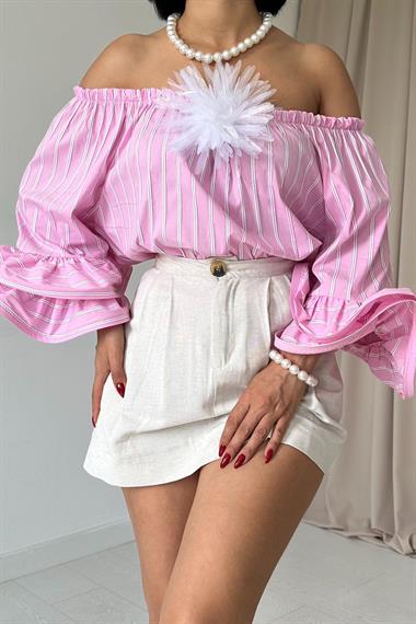 Toptan Pembe Omzu Lastikli Balenli Bluz