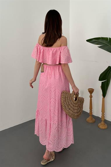 Toptan Pembe Omzu Lastikli Brode Elbise