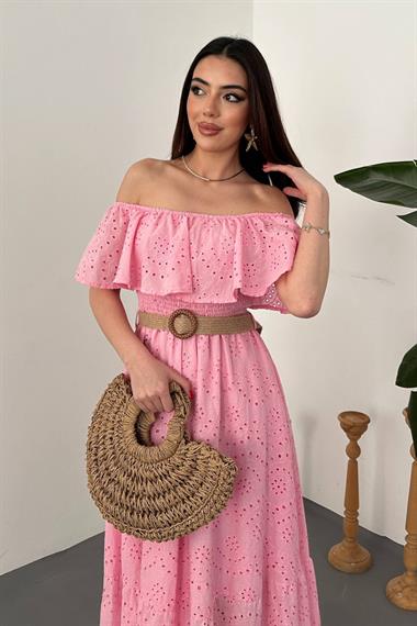 Toptan Pembe Omzu Lastikli Brode Elbise