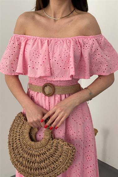 Toptan Pembe Omzu Lastikli Brode Elbise