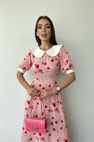 Toptan Pembe Önlük Yaka Çiçek Desen Elbise