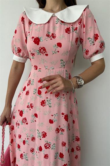 Toptan Pembe Önlük Yaka Çiçek Desen Elbise
