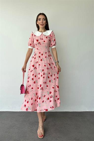 Toptan Pembe Önlük Yaka Çiçek Desen Elbise