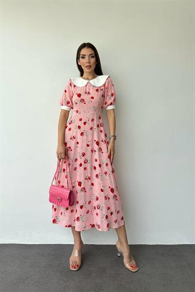 Toptan Pembe Önlük Yaka Çiçek Desen Elbise