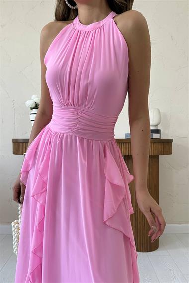 Toptan Pembe Önü Büzgülü Fırfırlı Elbise