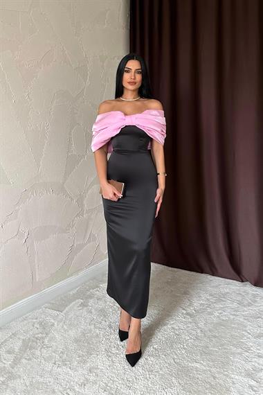 Toptan Pembe Önü Fiyonklu Elbise