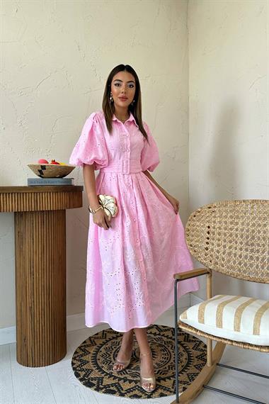 Toptan Pembe Pileli Balon Kol Elbise