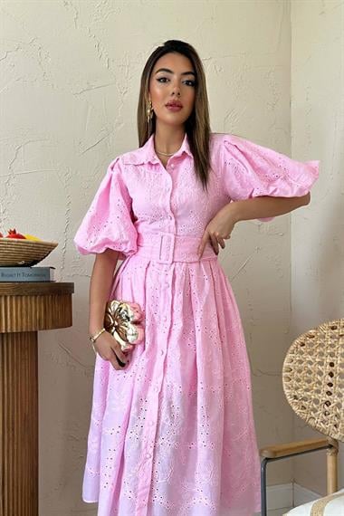 Toptan Pembe Pileli Balon Kol Elbise