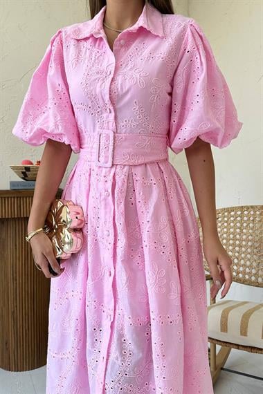 Toptan Pembe Pileli Balon Kol Elbise