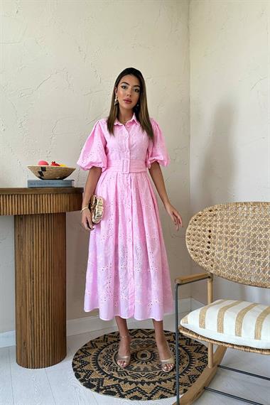 Toptan Pembe Pileli Balon Kol Elbise