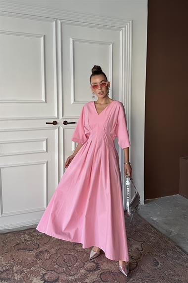 Toptan Pembe Pileli Uzun Elbise