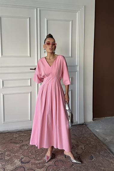 Toptan Pembe Pileli Uzun Elbise