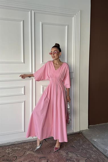 Toptan Pembe Pileli Uzun Elbise