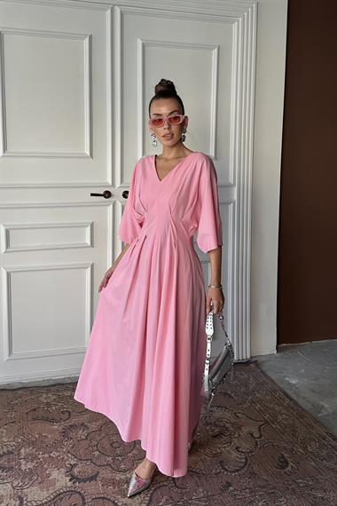 Toptan Pembe Pileli Uzun Elbise
