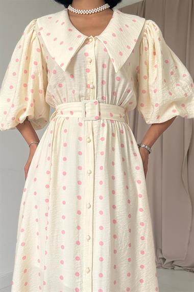 Toptan Pembe Puantiyeli Bebe Yaka Elbise