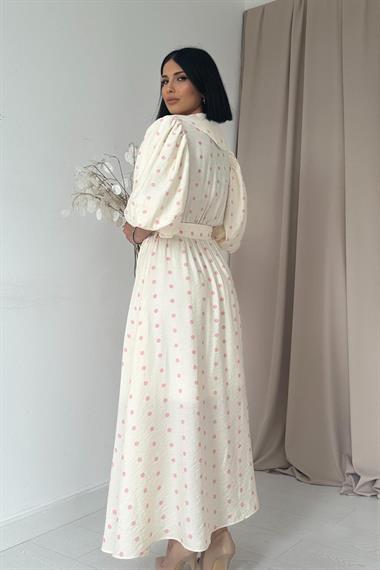 Toptan Pembe Puantiyeli Bebe Yaka Elbise