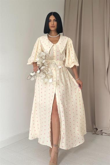 Toptan Pembe Puantiyeli Bebe Yaka Elbise