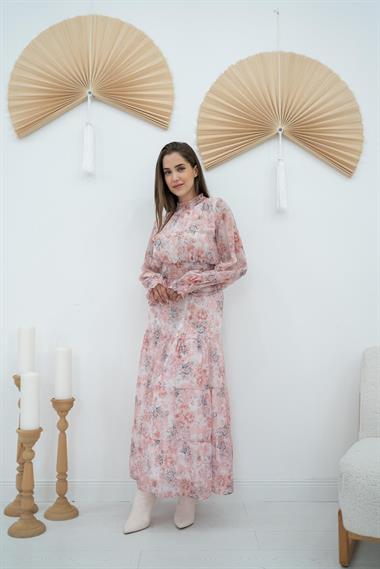 Toptan Pembe Şanzelize Çiçek Desenli Elbise