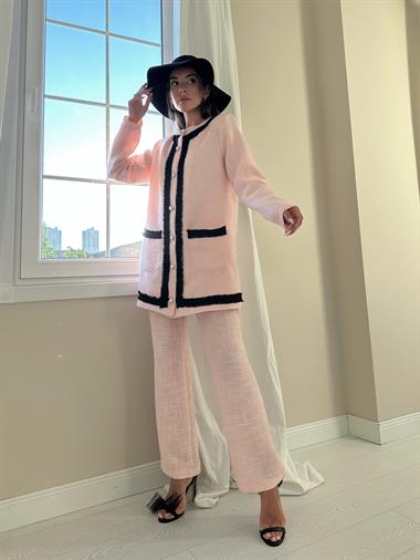 Toptan Pembe Siyah Şeritli Yakasız Ceket ve Pantolon Takım