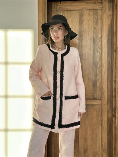 Toptan Pembe Siyah Şeritli Yakasız Ceket ve Pantolon Takım