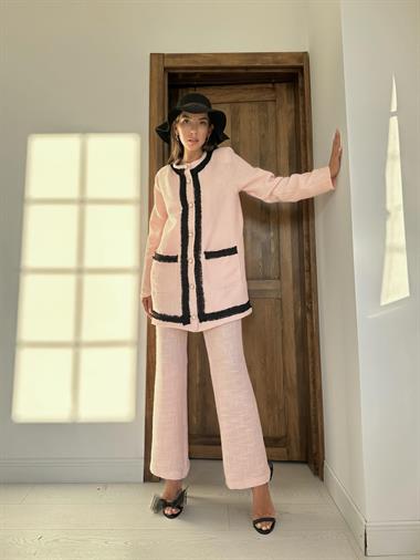 Toptan Pembe Siyah Şeritli Yakasız Ceket ve Pantolon Takım