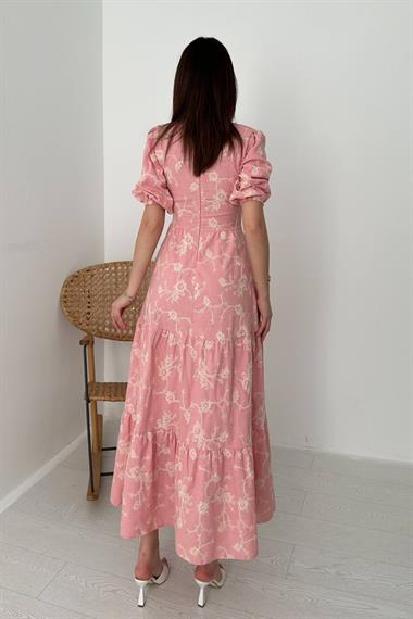 Toptan Pembe Süs Düğmeli Balon Kollu Elbise